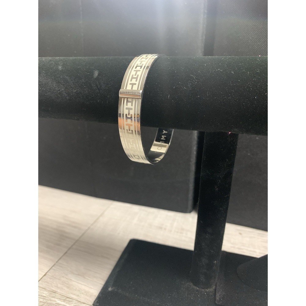 Tommy Hilfiger Stainless Silver Tone White Geometric TH Pattern Bangle Bracelet‎